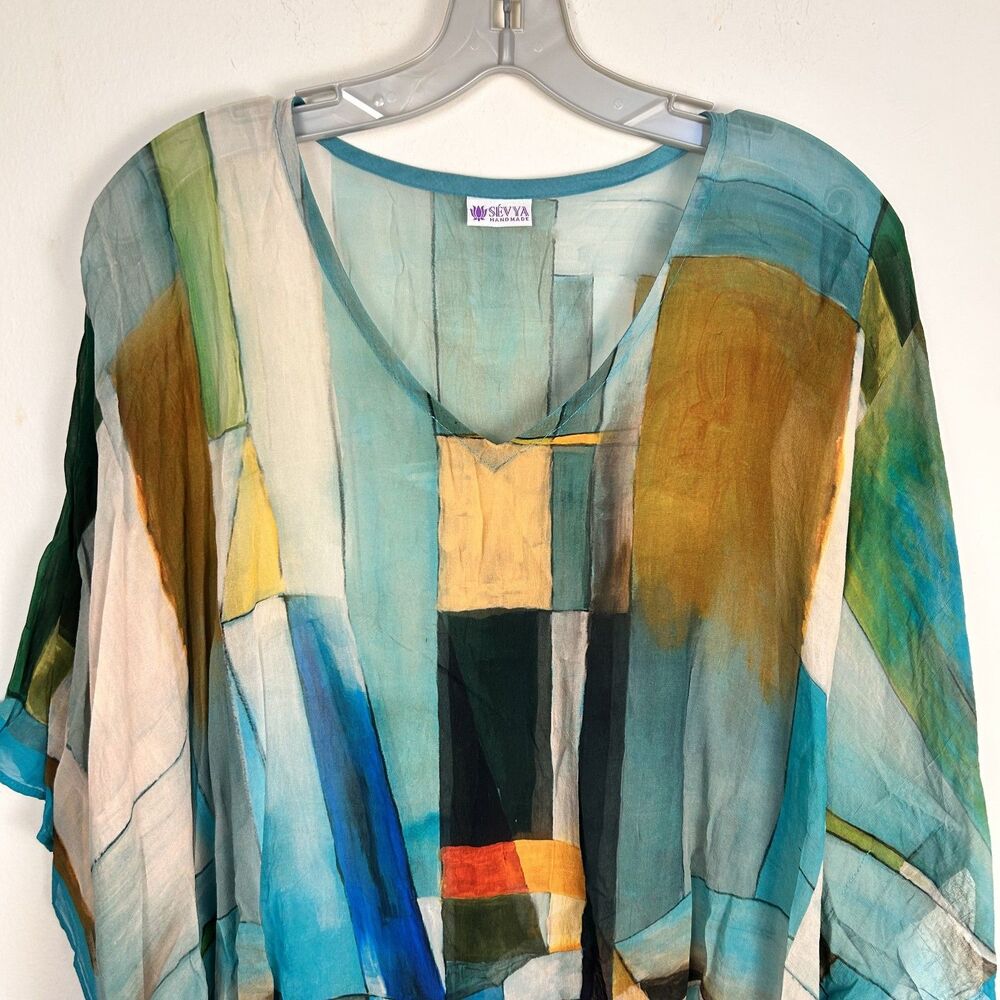 Sevya Handmade Kaftan Poncho One Size Abstract Sheer Boho Tunic Top - Picture 3 of 6